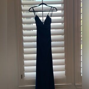 Dillards Navy Satin prom dress with tie up back